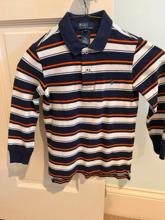 Kids Ralph Lauren size 5 Navy, White & Orange Striped Long-Sleeve Polo - Picture 2 of 5